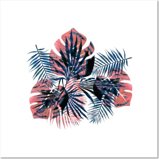 Orange blue watercolor jungle leaves Posters and Art